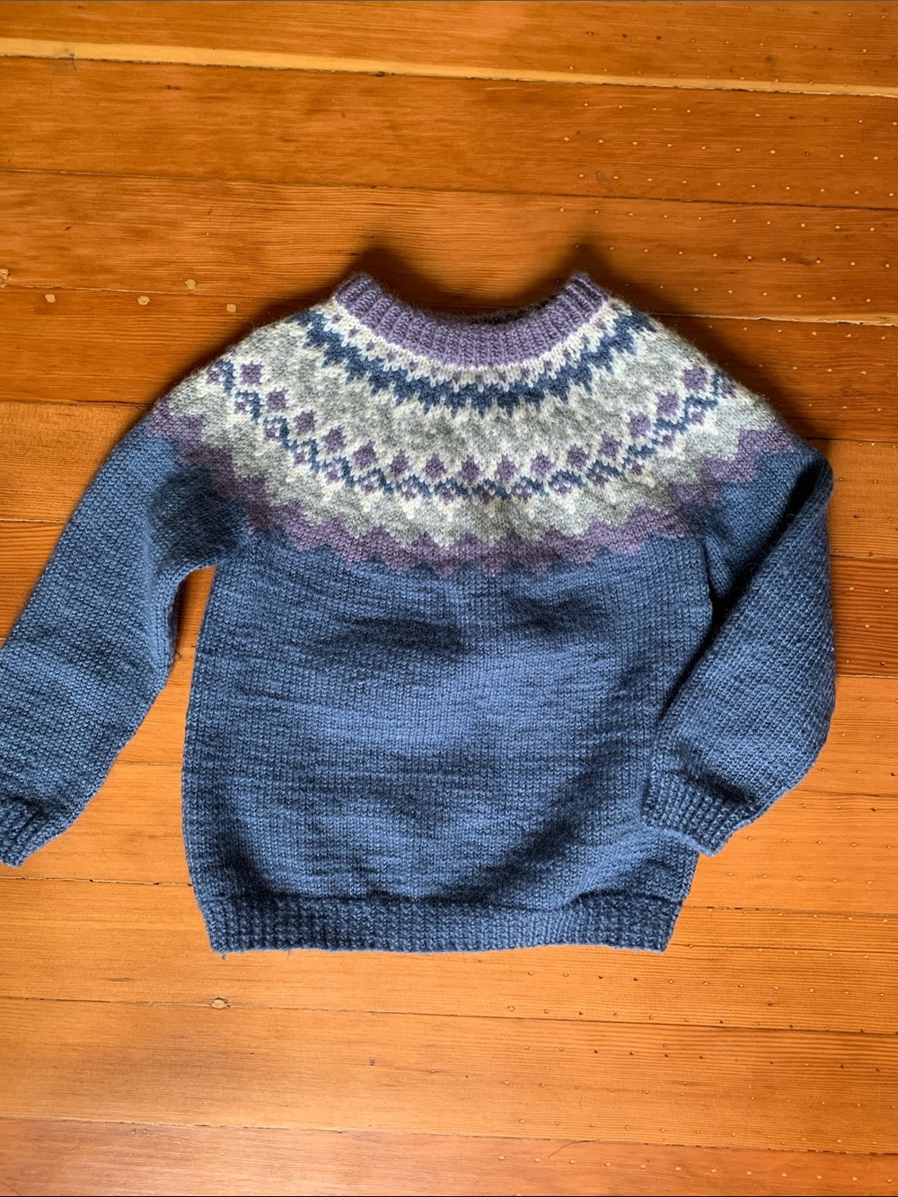 Children’s Handknit Blue Fair Isle Yoke Sweater Sz 2-4